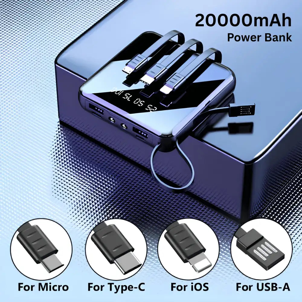 20000mAh Power Bank with LED Display and Built-in Cable - চার্জে থাকুন সবসময় ⚡